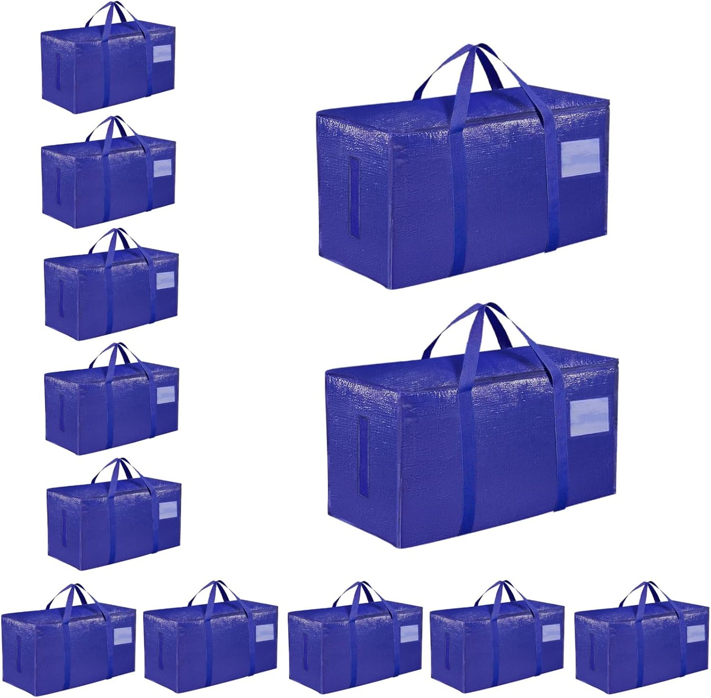 12 Pack-Extra Large Heavy Duty Moving Bags - Waterproof Storage Totes with Handles & Zippers, Foldable for College Dorm, Storage (Blue)