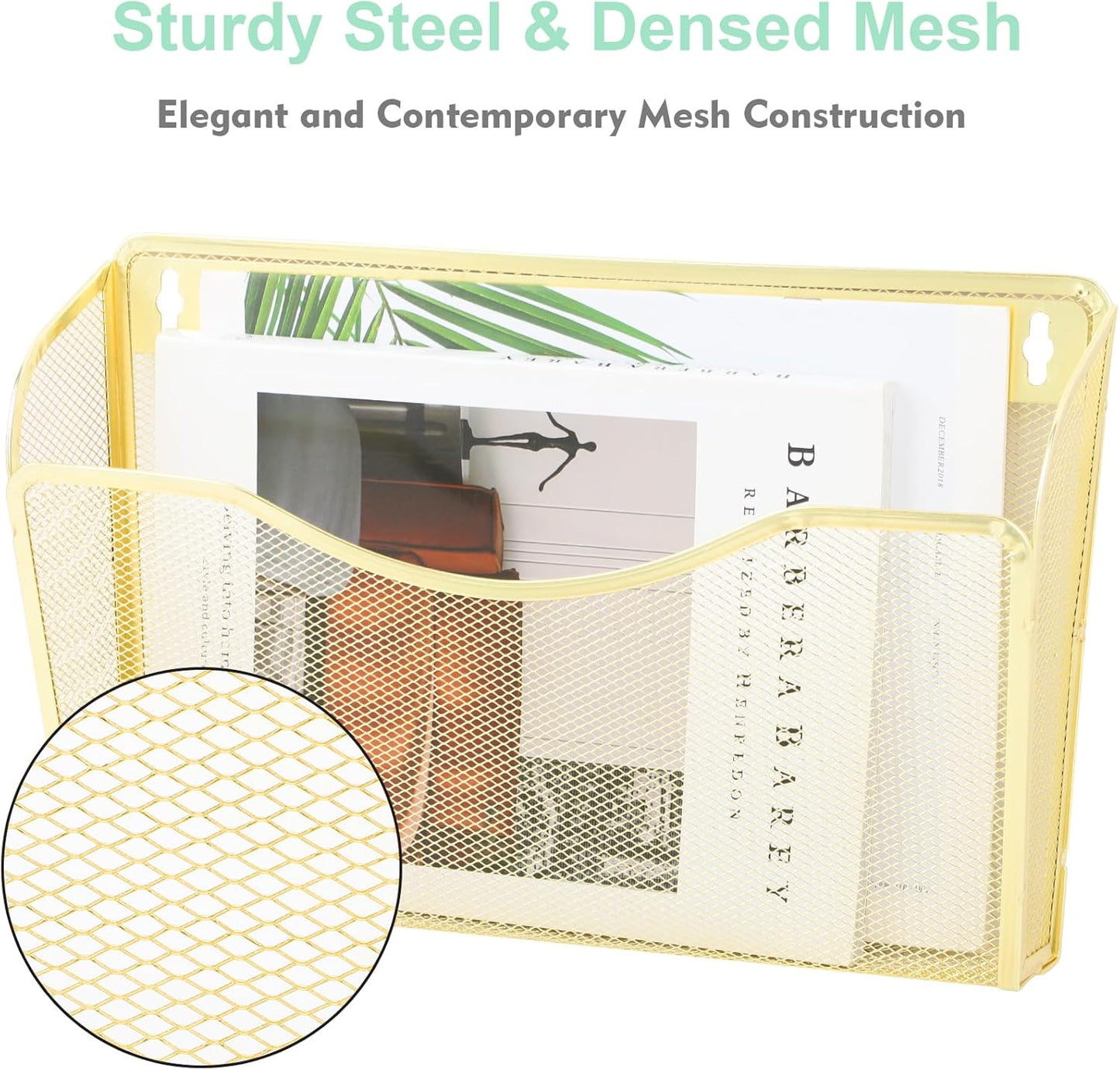 EASEPRES 3 Single Pocket Mesh Hanging File Organizer, Vertical Wall Mounted Magazine File Holder, Mount Basket Mail Paper Document Folder Organizing for Office, Home and School, Gold