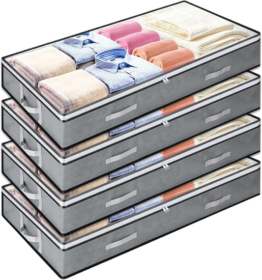 4 Pack 5.5 Inches High Under Bed Storage Containers, Low Profile Under Bed Storage Containers, Foldable Underbed Bag Stackable Closet Organizers for Blankets Clothing Comforter Wrapping Paper