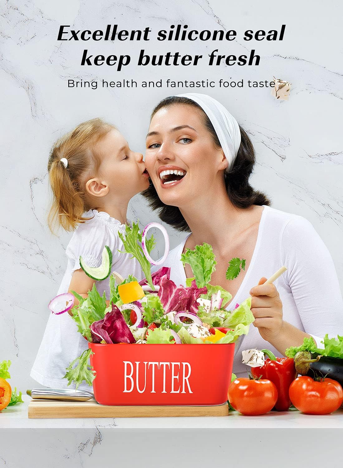 Butter Dish with Lid: Large Butter Container for Countertop - Ceramic Butter Holder for Counter - Butter Tray Butter Keeper with Knife and Sponge Scrubber - Perfect for 2 Sticks of Butter Red