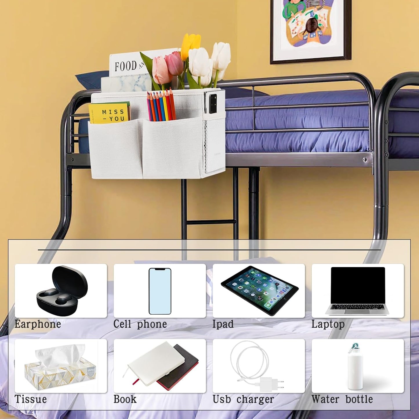 Bedside Caddy White Bedside Hanging Storage Basket Bed Caddy for Headboards Bunk Dorm Rooms Crib Beds Rails Organizer (White)