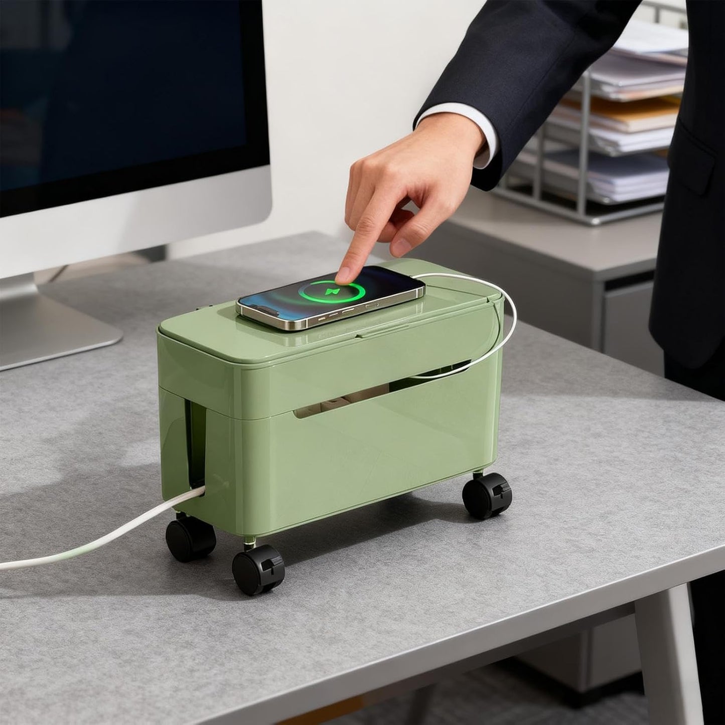 Cable Box Organizer | Wire Storage Container with Wheels | Tabletop Charger Cord Storage | for Home Office Dormitory Gaming Setup TV Stand Computer Desk Tech Enthusiasts Renters Content Creators