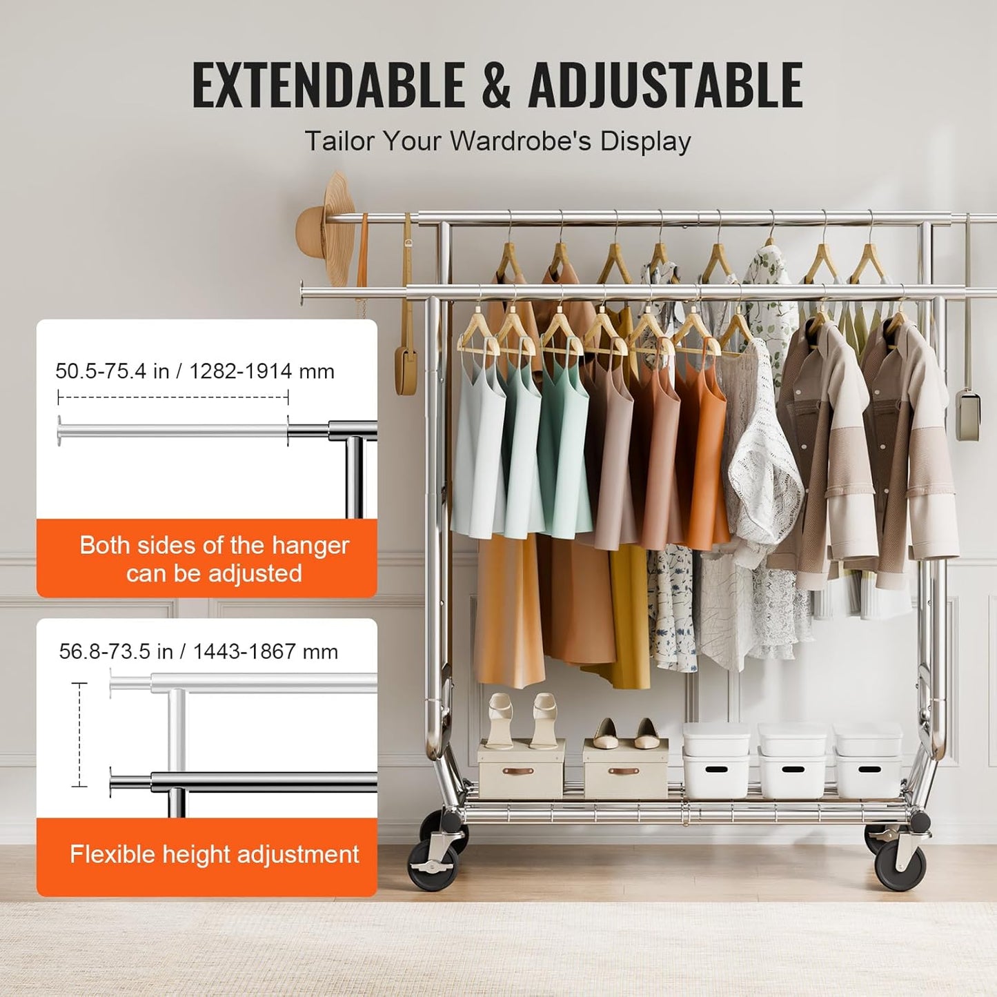 VEVOR Clothes Rack, Rolling Clothing Garment Rack, Extendable Carbon Steel Clothing Racks with Wheels for Bedroom, Laundry, Living Room
