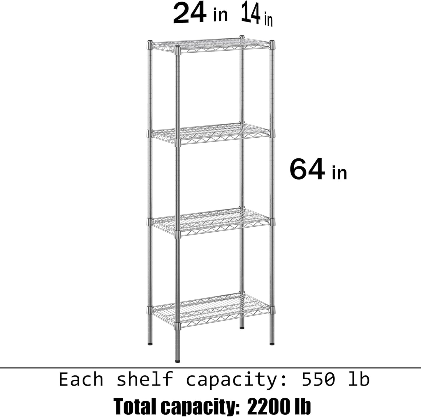 14" Deep x 24" Wide x 64" Height Wire Shelving Kit | 4-Tier | NSF Commercial Storage Rack Unit