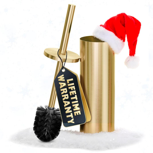 Gold Toilet Brush and Holder Set - Brushed Stainless Steel Gold Toilet Bowl Brush and Holder with Replacable Head, Removable Inner Bowl, and Splash Protection - Dense Bristles for Through Cleaning