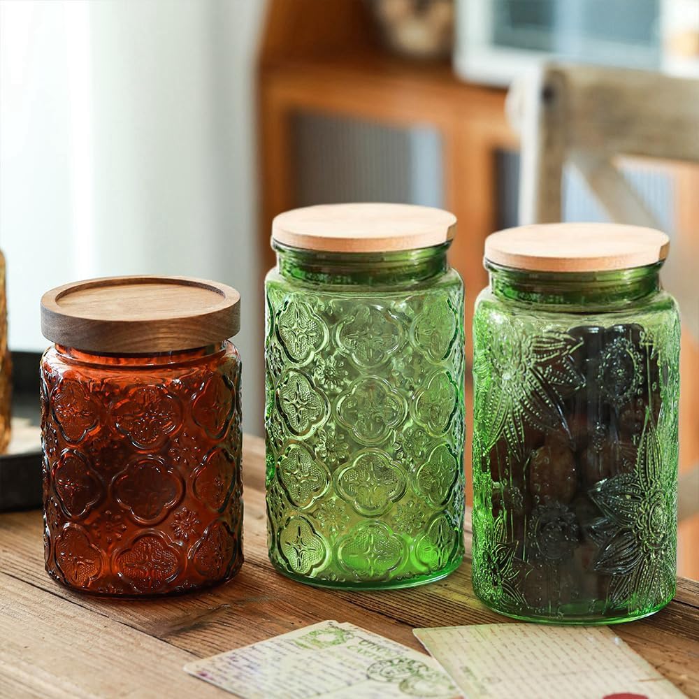 ANSQU Green Glass Canister, 34oz Candy Jar with Lid, Vintage Colored Mason Jars for Kitchen Decorative Jar for Coffee Tea Candy Cookies, Cute Jars (Green, 1 Pack)