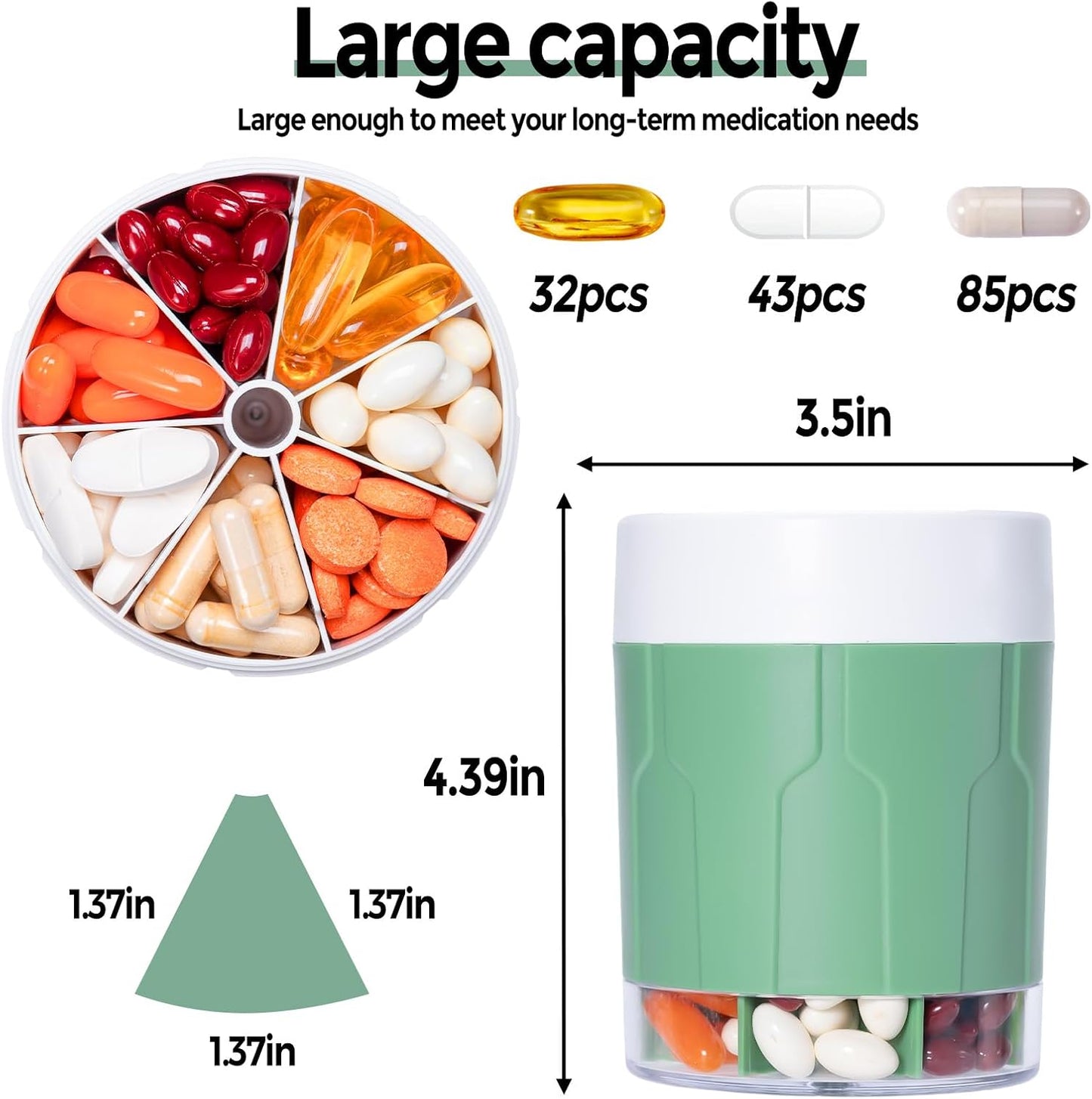 Betife Extra Large Supplement Organizer,Weekly Pill Organizer Bottle, Daily Pill Dispenser with 7 Large Compartments, Organizer to Hold 7 Day Vitamin Medication,21 Labels and a Cleaning Brush（Green）