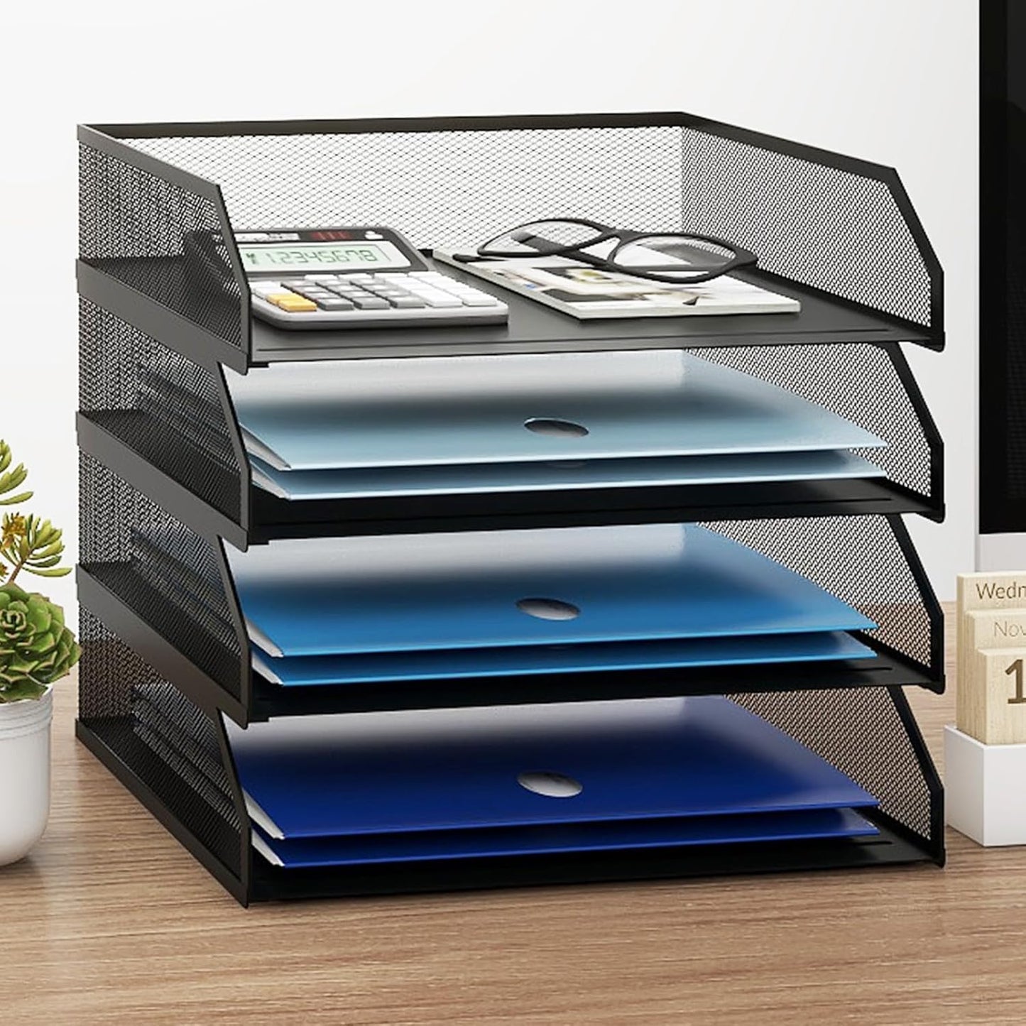 Natwind 4-Tier Stackable Paper Tray, Metal Mesh Desktop Organizer, A4 Paper Sorter, Letter Trays,File Folder Sorter Organizer with Sliding Tray for Home, Office, School (Black)