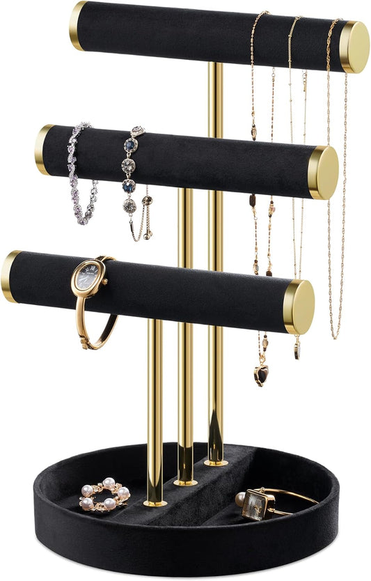 Bracelet Holder Jewelry Organizer Display - 3 Tier T Bar Velvet Stand, Black Necklace Holder Organizer, Bracelet Holder, Earring Holder and Ring Display for Jewelry Organizers and Storage