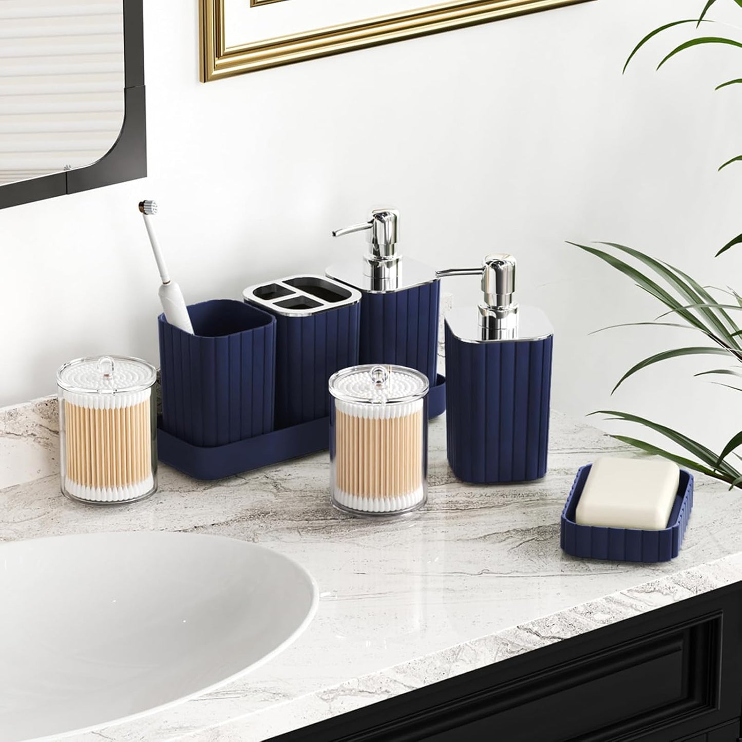 Navy Blue Bathroom Accessories Set - Gorgeous Bathroom Set, 10PC Bathroom Accessory Set, Toilet Brush, Trash Can, Qtip Holder Dispenser & Soap Dispenser