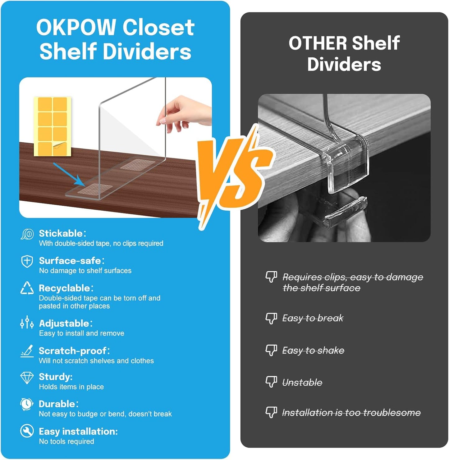 OKPOW Shelf Dividers Closet Organizer - 12" Tall X 9" Deep Acrylic Clear Sturdy Separate for Clothes Purse - Adjustable Space Saver Easy Install for Home Organization Enthusiasts 12 Pack