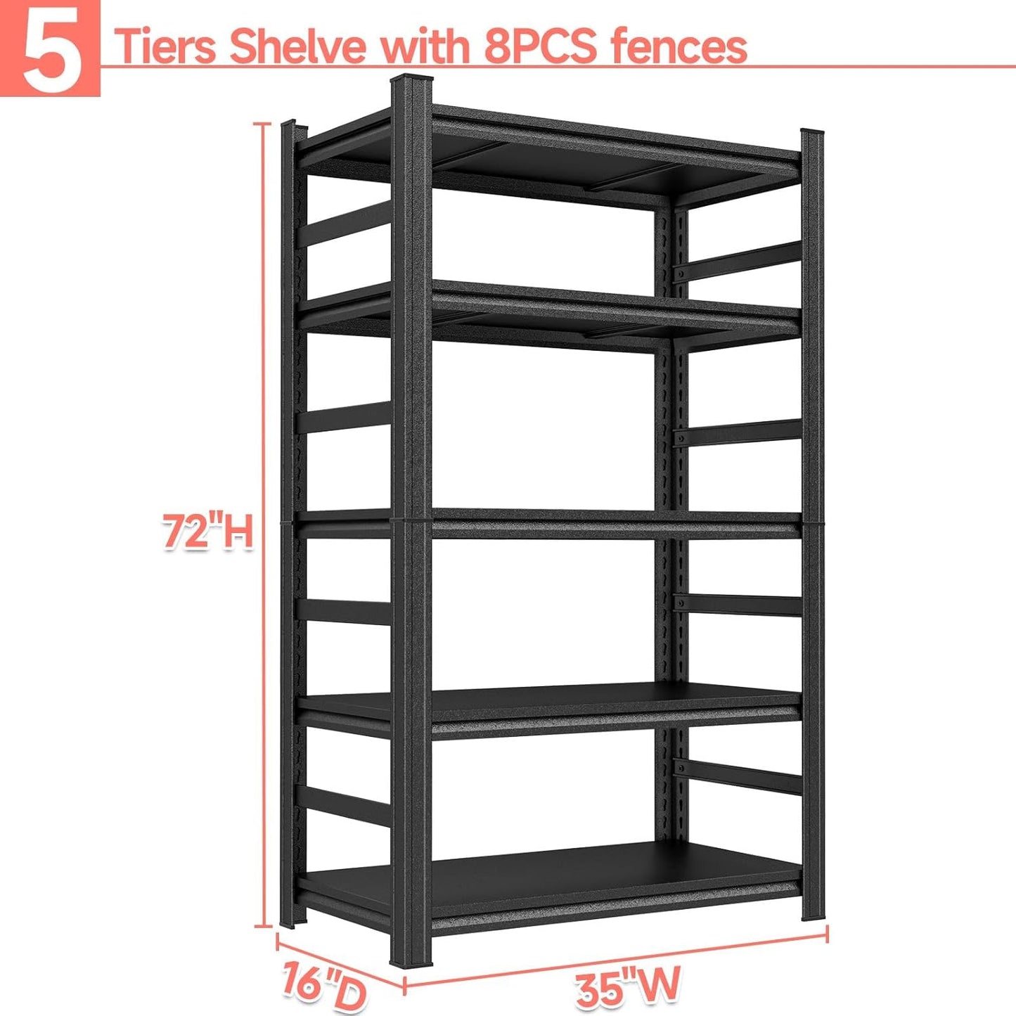 Garage Storage Shelves,5 Tier Shelving Unit, 40 inch Wide, 18” Deep, 78” Tall Organizer Metal Shelf for Basement/Laundry/Pantry Heavy Duty, Adjustable,Easy to Install (5Tier-35"Wx16"Dx72"H with Fence)