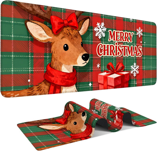 Merry Christmas-Elk Gaming Mouse Pad 31.5"x11.8"Desk Mat Anti-Slip Rubber Base & Durable Stitched Edges for Gamers Smooth Mouse Writing Surface for Desk Office/Home