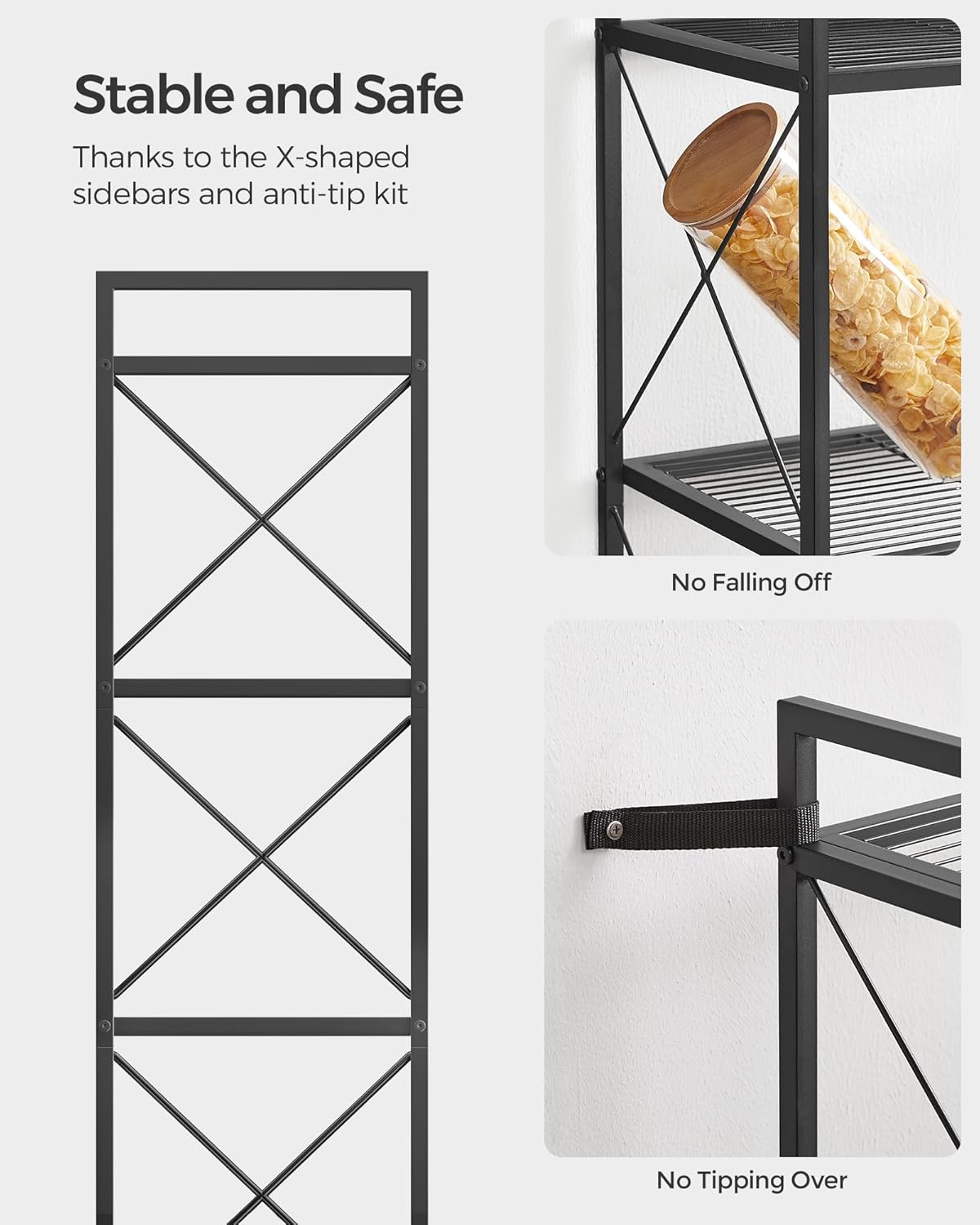 SONGMICS 4-Tier Metal Storage Rack, Shelving Unit with X Side Frames, Dense Mesh, 12.6 x 31.5 x 44.3 Inches, for Entryway, Kitchen, Living Room, Bathroom, Industrial Style, Ink Black UBSC184B01