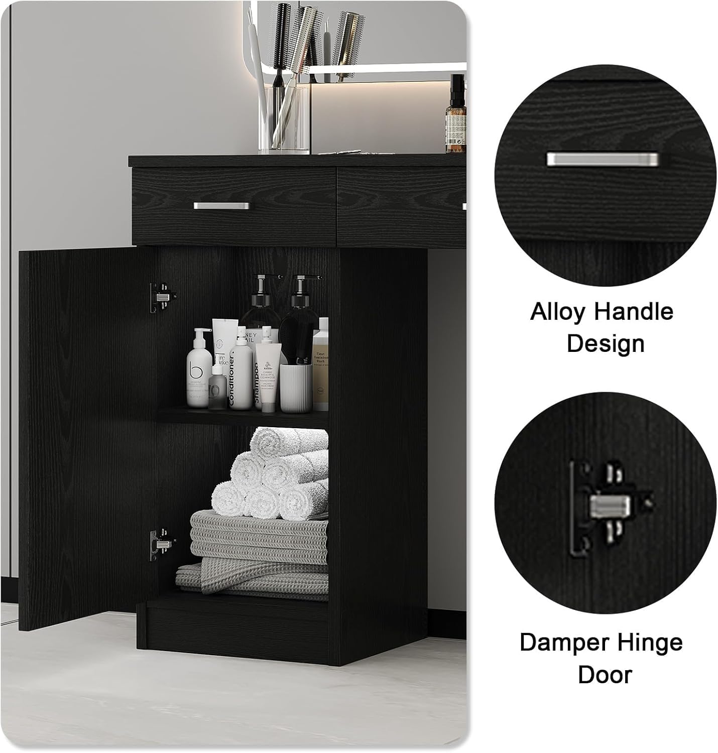 4ever2buy Salon Stations for Hair Stylist, Wall Mount Barber Station with Barber Cabinet, Hair Station Equipment Hair Dryer Holder, Drawers, Mirror not Included, Black