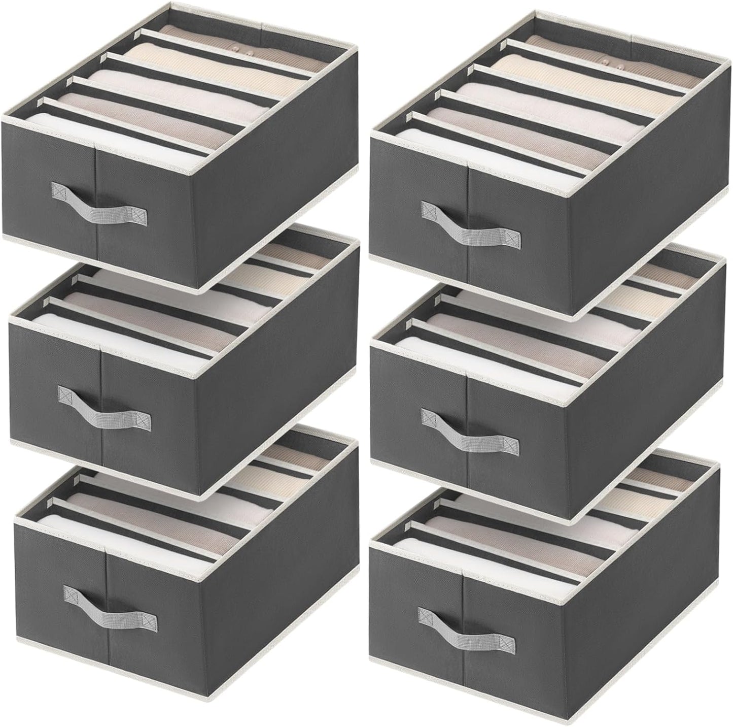 Clothes Organizers and Storage - Fabric Jeans Organizer with Handles, Foldable Drawer Dividers for Clothes, Closet Shelf Organizer for Shirts, Bra, Sweater, Scarf, 6 Pack, Dark Grey