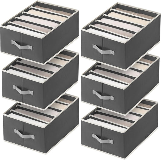 Clothes Organizers and Storage - Fabric Jeans Organizer with Handles, Foldable Drawer Dividers for Clothes, Closet Shelf Organizer for Shirts, Bra, Sweater, Scarf, 6 Pack, Dark Grey