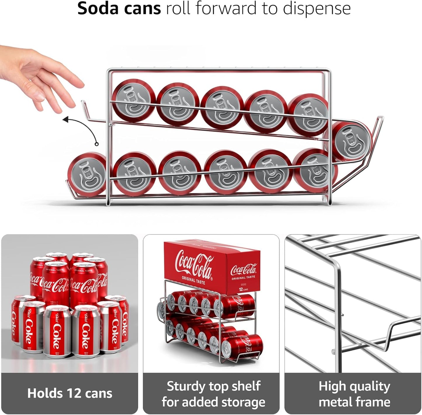 Sorbus Soda Can Rack Beverage Dispenser (1 Pack, Silver) – Holds 12 Standard 12oz Cans – Soda Can Organizer for Refrigerator, Pantry, or Countertop