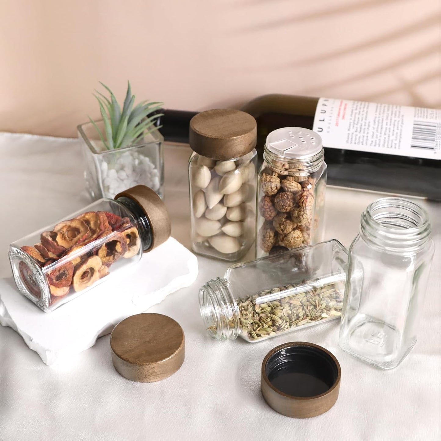 ZEHIQ 48Pcs Glass Spice Jars with Acacia Wood Lids, 4 oz Square Seasoning Containers with Labels, Seasoning Jars with Shaker Lids, Chalk Pen, Funnel, Cleaning Brush, Spice Bottles for Cabinet, Drawer