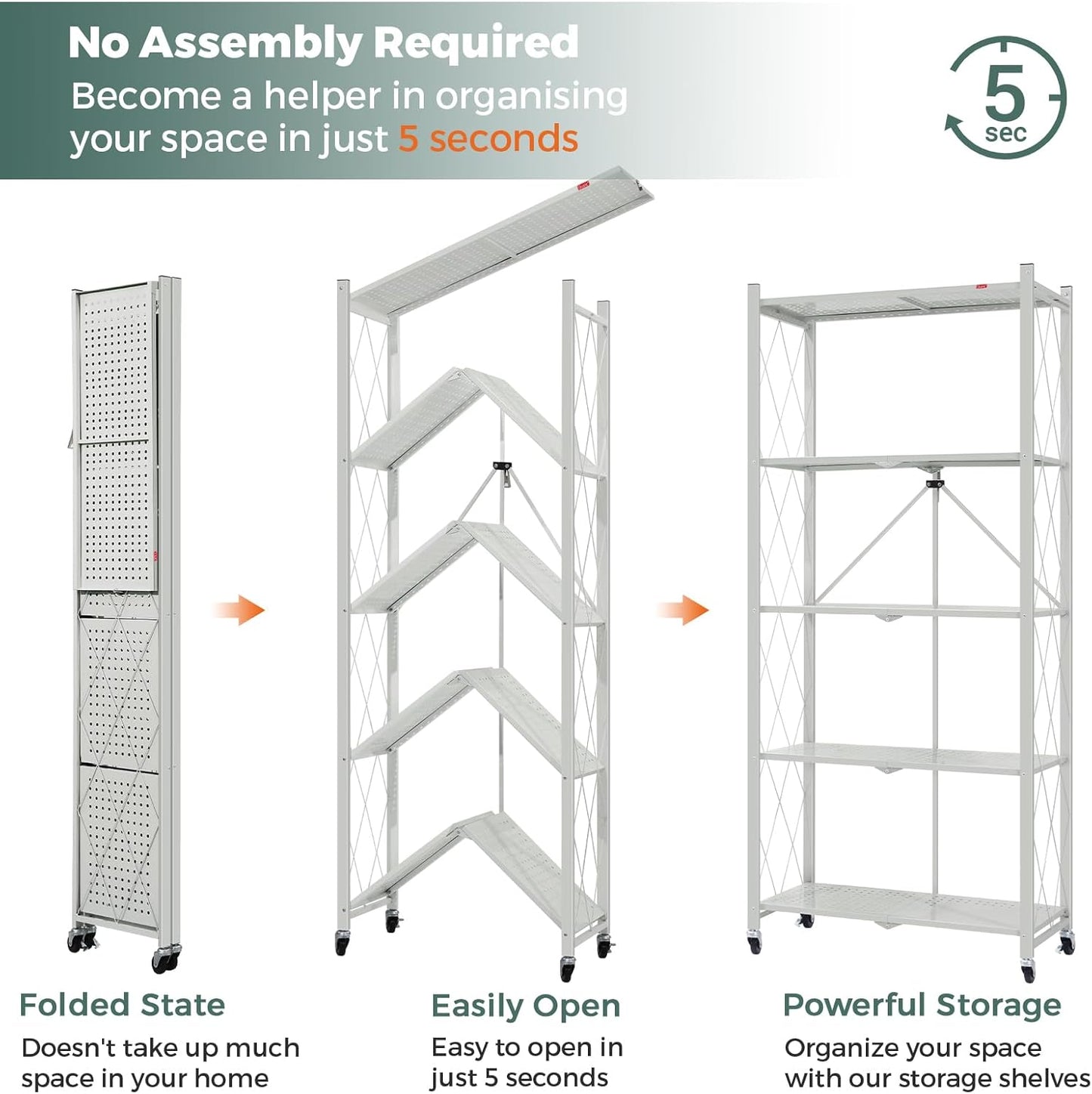 DEANIC 5 Tier Foldable Storage Shelves with Wheels, Large Capacity Shelving Unit, Freestanding Metal Wire Shelf Rack, No Assembly Organizer Rack for Garage Kitchen, Basement, Pantry(Grey Pack of 2)
