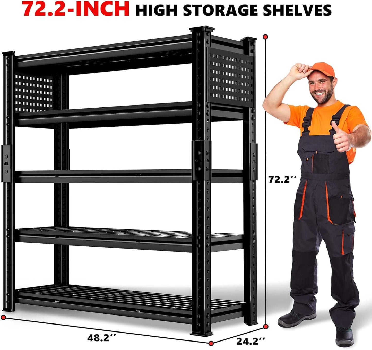 SILVEL 48.2"W Garage Shelving, 5000LBS Heavy Duty Metal Shelving, 2025 Grid Storage Shelves, 2 Side Pegboards, Industrial 5 Tier Shelves for Basement Pantry Warehouse Supermarket, 72.2" x24.2" x48.2"