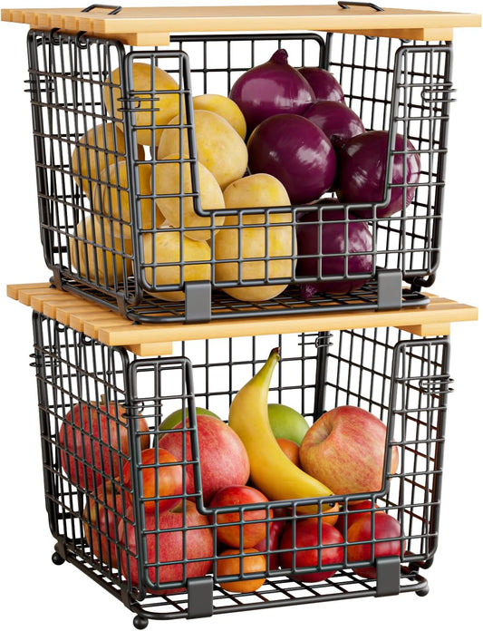 Wire Storage Basket for Kitchen Pantry: GGIU Stackable Kitchen Counter Organizers - Wire Organizing Bin for Produce Vegetable Potato and Onion Black