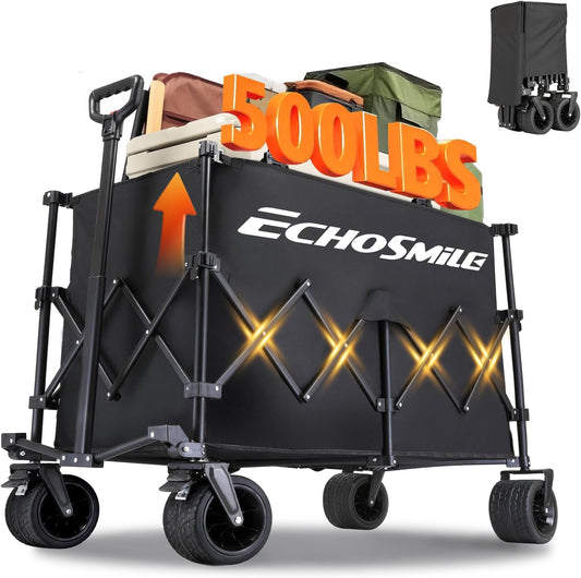 EchoSmile Collapsible Foldable Extended Wagon with 500lbs Weight Capacity, 300L Folding Utility Wagon Cart with Big All-Terrain Wheels for Beach,Sport,Gargen&Grocery,Black