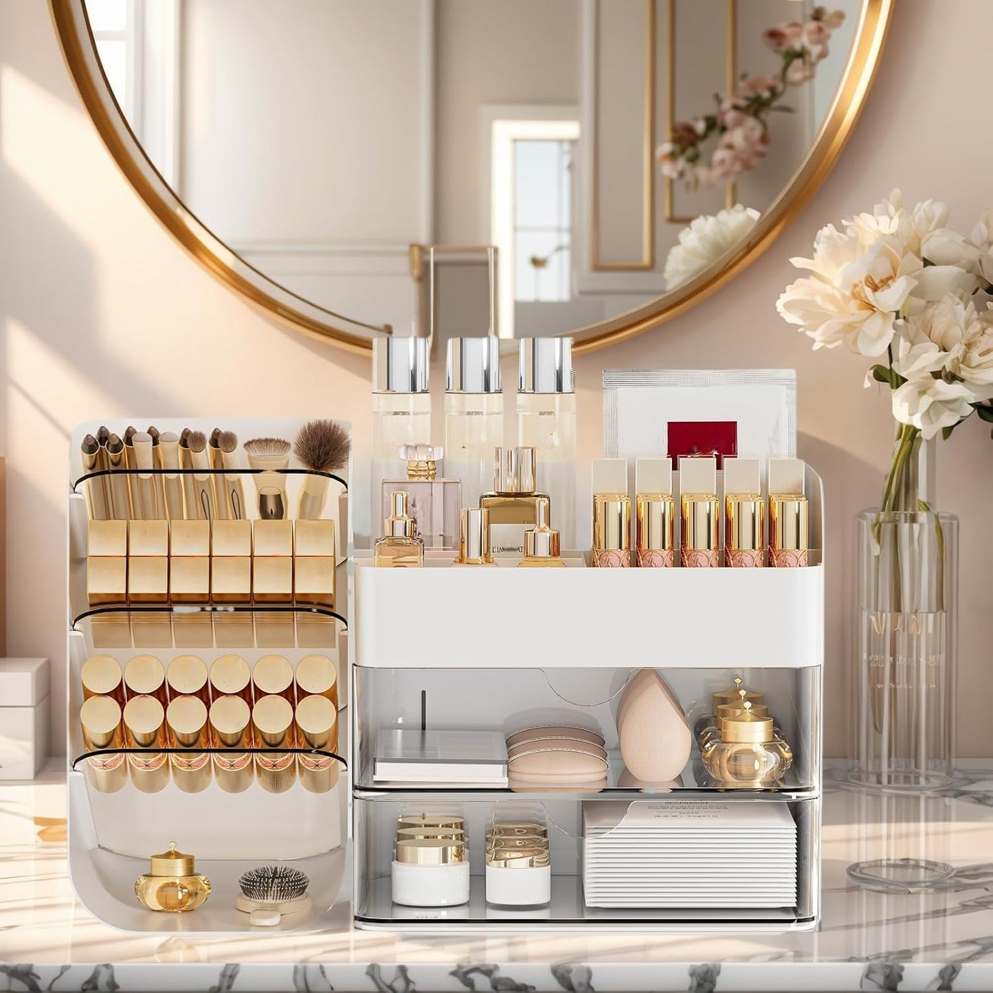 Makeup Organizer with 2 M Drawers & Brush Holders - Cosmetic Storage Case for Vanity, Bathroom Countertop & Desk - Skincare & Office Supplies Organizer (White, M)
