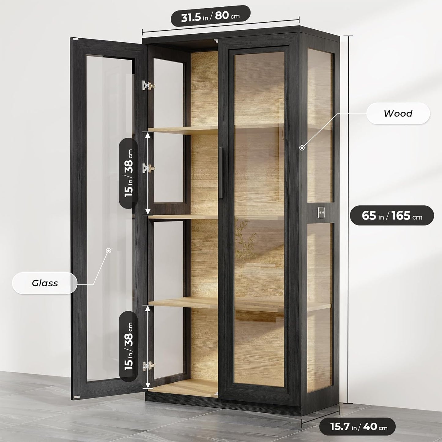 Curio Cabinet with Glass Doors, Bookcase with 4 Shelves, Display Cabinets for Collectibles, China Cabinet with 3 Color LED Lights and Human Body Sensing, Buffer Hinge, Black