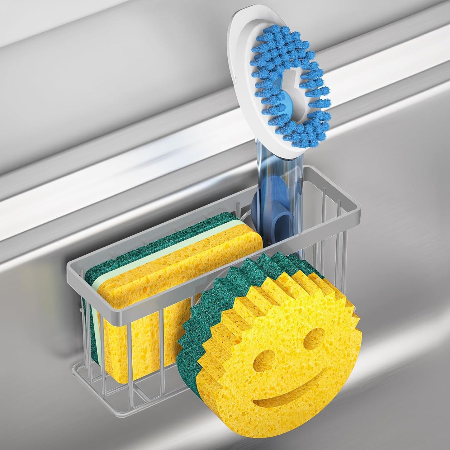 Sponge Holder Smiley Face,Sink Caddy,Kitchen Organizer with 2 Suction Cups/1 Adhesive Strips,Designed for Sponge,Soap,Dish Brush,Scrubber - Gray