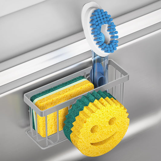 Sponge Holder Smiley Face,Sink Caddy,Kitchen Organizer with 2 Suction Cups/1 Adhesive Strips,Designed for Sponge,Soap,Dish Brush,Scrubber - Gray