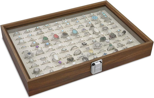 MOOCA 100 Ring Box Jewelry Display Tray, Display Case Accessories Storage Box with Tempered Glass Hinge Lid, Beige Lined Jewelry Tray for Rings, Walnut Color, 14.1W x 10.2D x 2.1H in