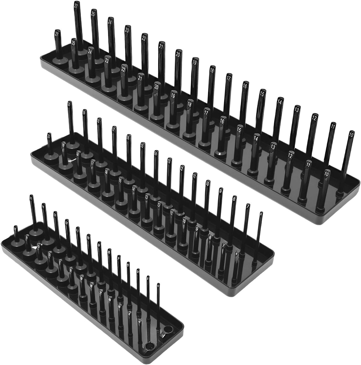 3PCS Socket Organizer Tray Set, Metric Socket Storage Trays, 1/4-Inch, 3/8-Inch & 1/2-Inch Drive Deep and Shallow Socket Holders for Toolboxes