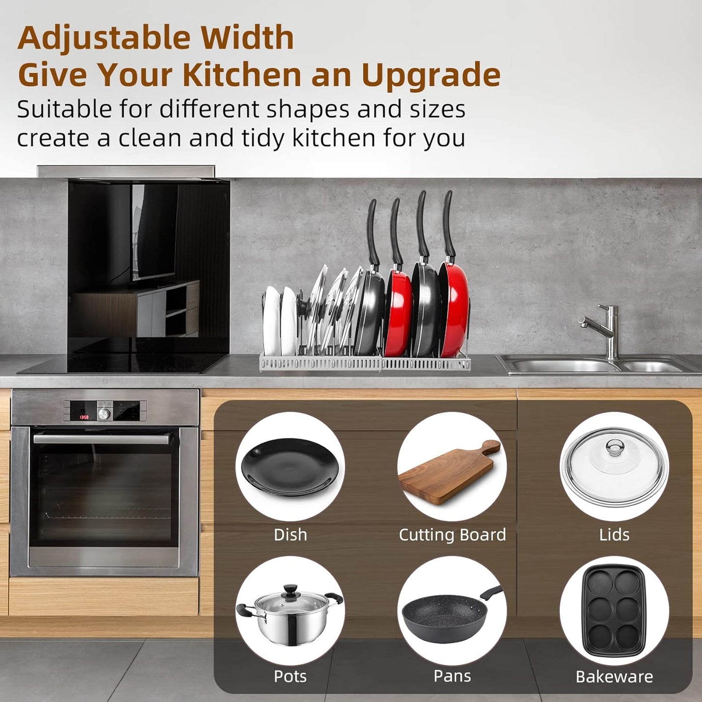 ROOHUA Pot Rack Organizer -Expandable Pot and Pan Organizer for Cabinet,Pot Lid Organizer Holder with 10 Adjustable Compartment for Kitchen Cabinet Cookware Baking Frying Rack