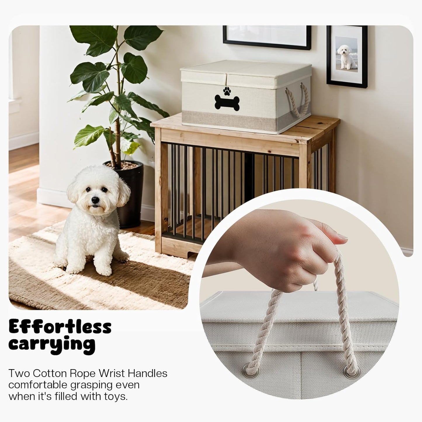 Dog Toy Basket with Double-Open Lid, Divided Dogs Basket for Toys, Collapsible Pet Toys Box, Dog Storage Organizer with 2 Divided Area, Puppy Toy Baskets with Rope Handles, Beige & Gray
