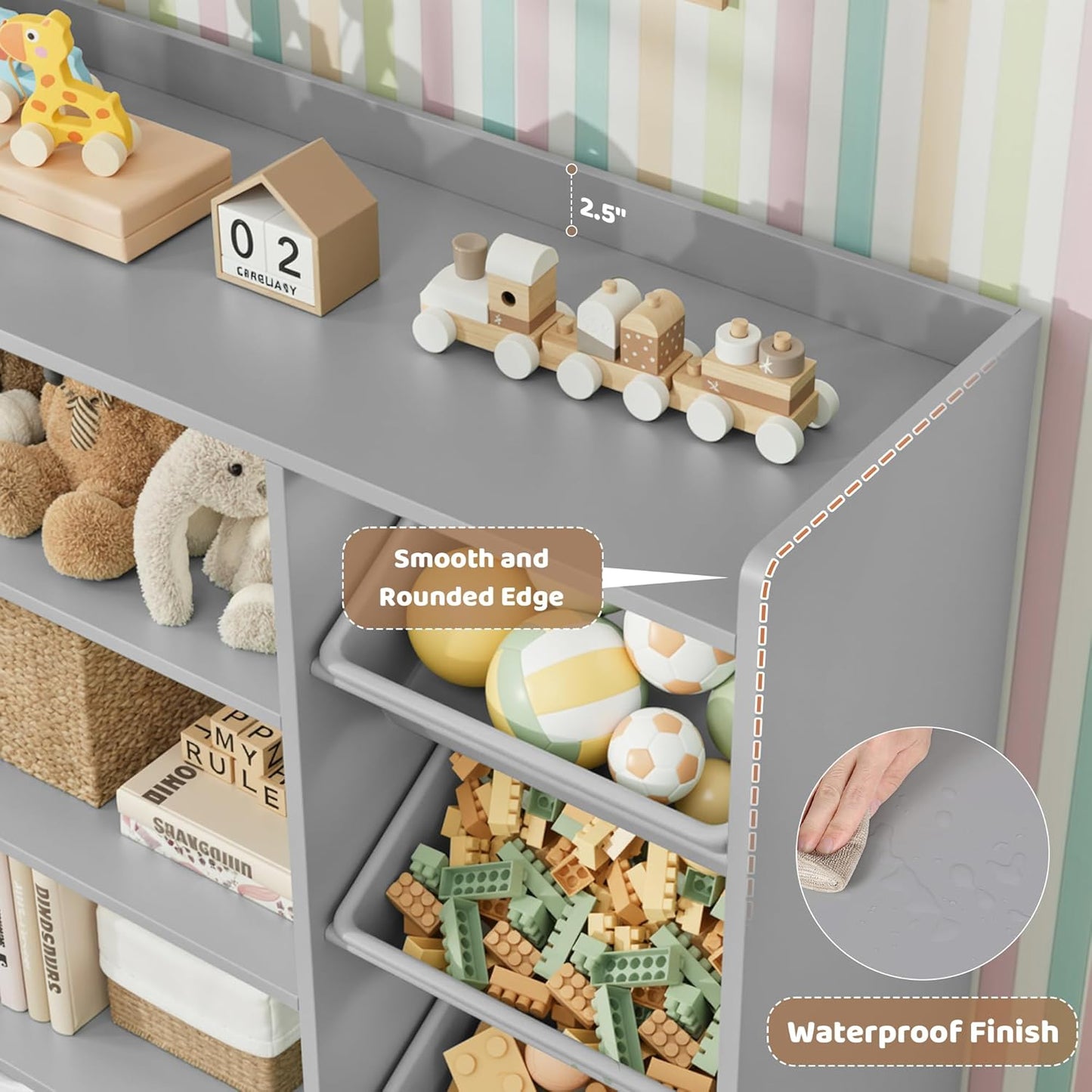 HITHOS 55" W Kids Toy Storage Organizer, Large Toy Box with Bookshelf, Toy Chest with 3 Cubes Storage Organizer, 6 Toy Organizers and Storage Bins, 4 Rolling Drawers for Kids Room, Playroom, Gray