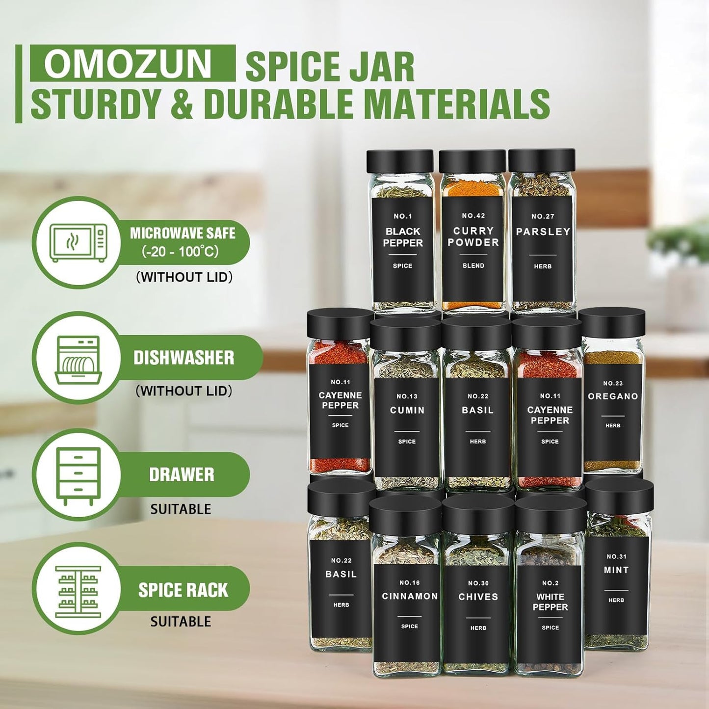 Spice Jars with Label, 24pcs 4oz Glass Spice Jars with Black Lids, Square Spice Containers with 304 Labels and Shaker Inserts, Empty Seasoning Bottles for Drawer, Cabinet, Seasoning Organizer