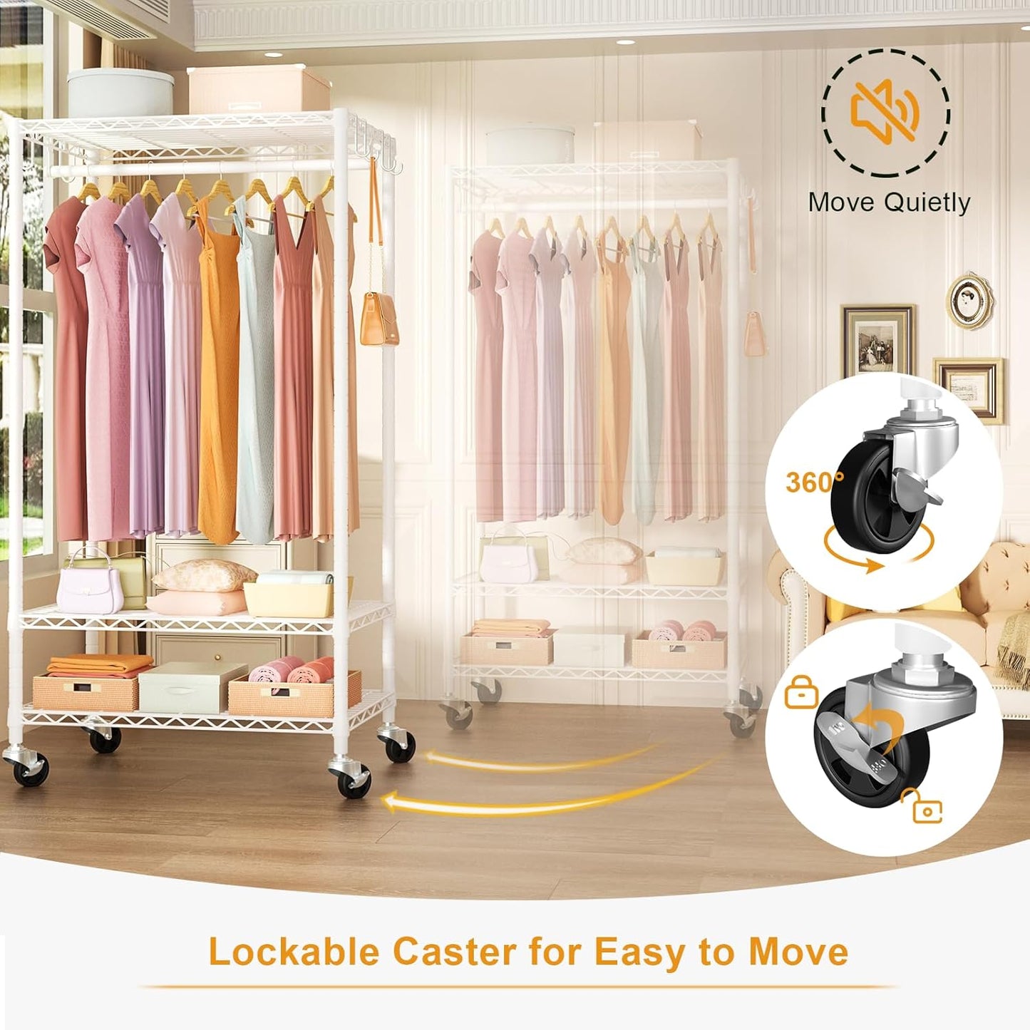 FUTASSI P6 Rolling Clothes Rack Heavy Duty, Clothing Racks for Hanging Clothes, Freestanding Garment Rack with Wheels, Portable Closet Rack Max Load 380 LBS, 35.5'' W x 14'' D x 74.6'' H, White