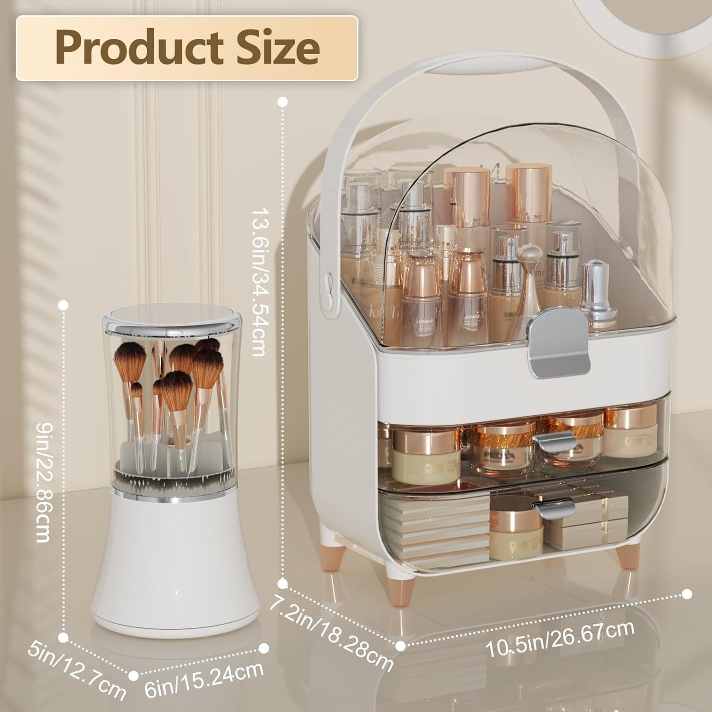 Makeup Organizer Countertop & Makeup Brush Holder with Lid 360 Rotating Clear Dustproof Skincare Holder for Vanity Bathroom Countertop, Ideal Gifts for Women, Transparent, Silver