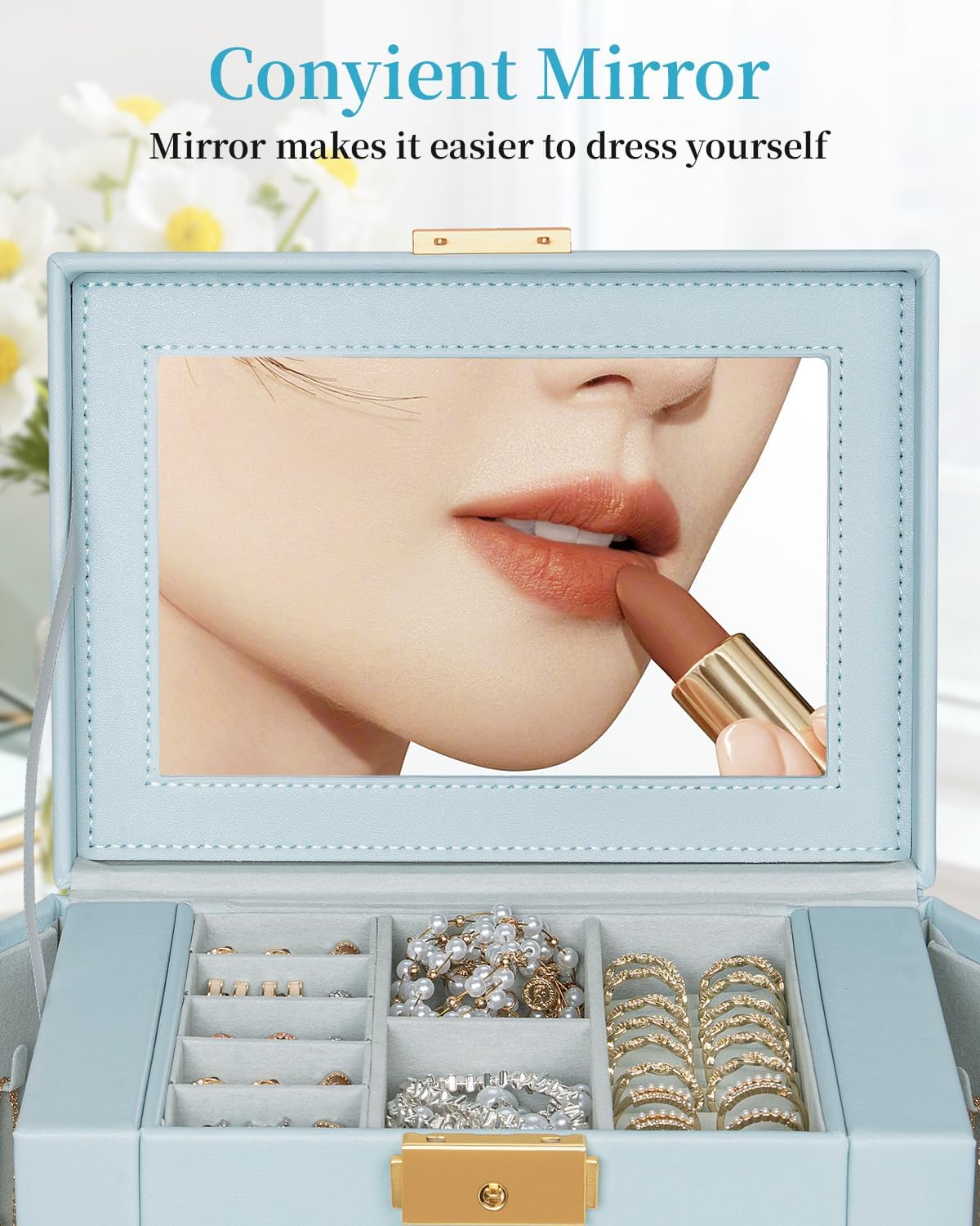 TORIBIO Jewelry Box for Women, Leather Jewelry Organizer with Mirror & Lock, 3-Tier Jewelry Storage Organizer with 2 Drawers for Girls/Women/Mothers, Necklace Earring Bracelets Holder Organizer
