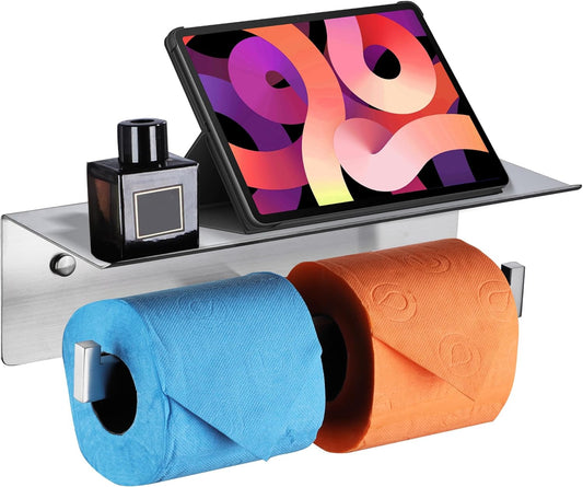 LANC Double Roll Tissue Holder with Shelf, Brushed Nickel Commercial Toilet Paper Dispenser with Phone Shelf for Bathroom Wall Mounted or 3M Self-Adhesive Stainless Steel, A8377BN