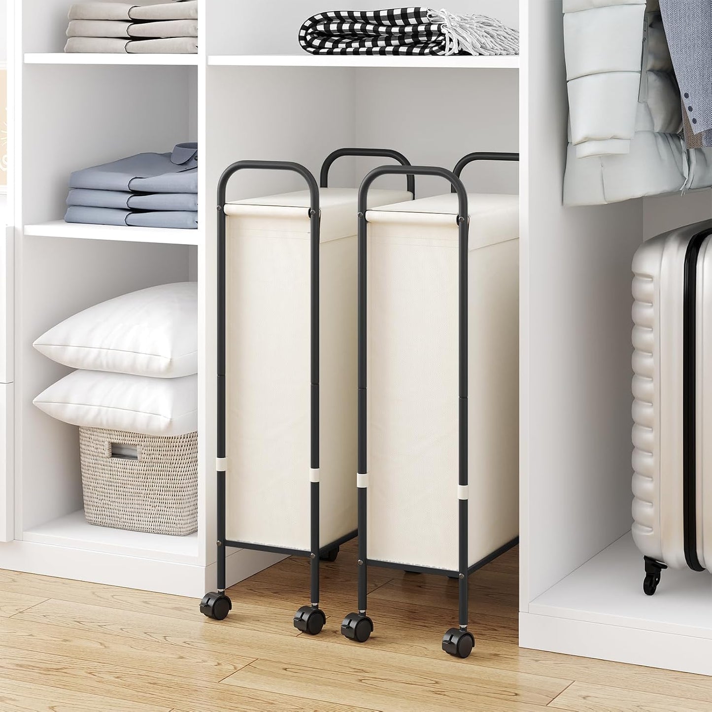 ELYKEN Slim Laundry Hamper with Lid, 50L Small Rolling Laundry Basket on Wheels, 7.9” Narrow Dirty Cloth Cart with Removable Inner Bag for Small Bathroom, Bedroom, Creamy