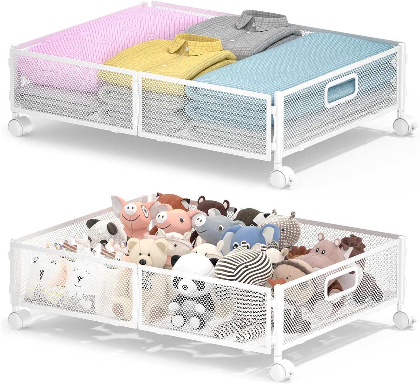 Under Bed Storage with Wheels, Rolling Under Bed Storage Bins for Shoes Clothes, Foldable and Easy Mobility (2 Pack, White)
