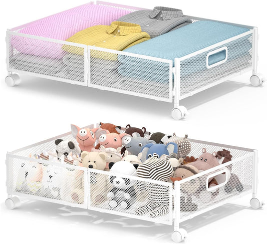 Under Bed Storage with Wheels, Rolling Under Bed Storage Bins for Shoes Clothes, Foldable and Easy Mobility (2 Pack, White)