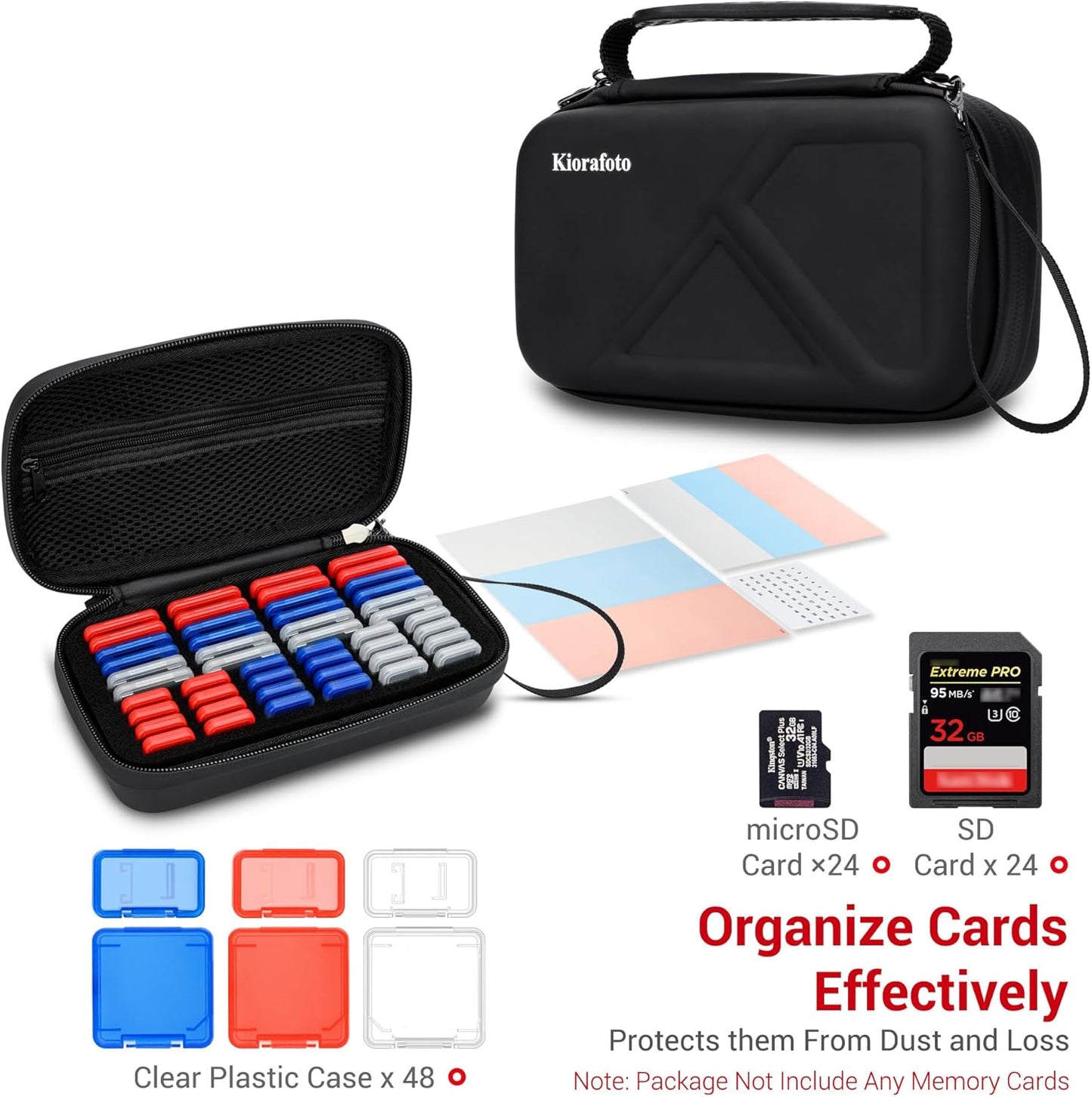 EVA PU Memory Card Case with 48PCS Clear Plastic Memory Card Holder for 24 SD SDHC SDXC & 24 TF MSD Cards,Dual-Protect Water-Resistant Anti-Shock MicroSD SD Card Carrying Organizer with Label