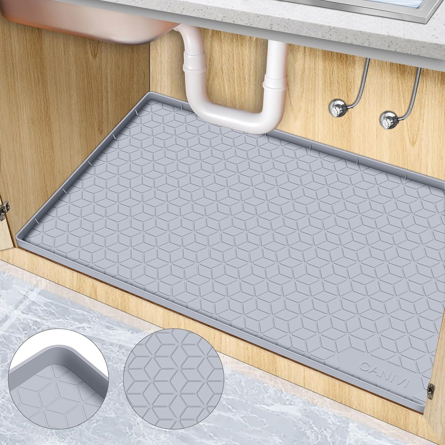 Under Sink Mat, 34" x 19" Waterproof Silicone Under Sink Tray for Kitchen & Laundry Cabinets, Kitchen Cabinet Shelf Protector, Up to 3.3 Gallons Liquid, Fits 36 inch Standard Cabinet Light Grey
