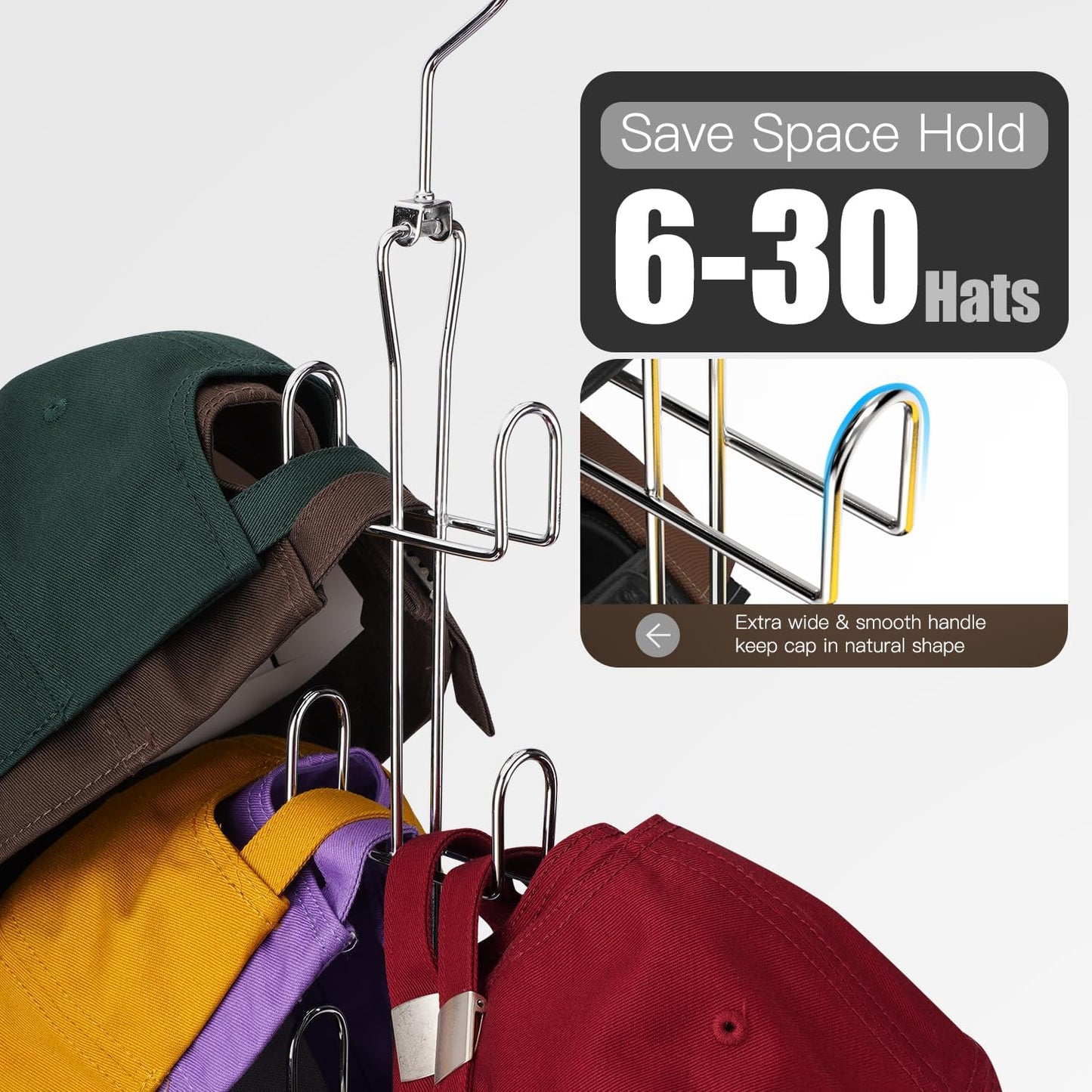 Hat Hanger 2pcs Metal Hat Storage For Baseball Caps,Rotatable Hat Organizer For Closet,Hat Rack With 6 Hooks Up to 30 Caps Hold,Silvery