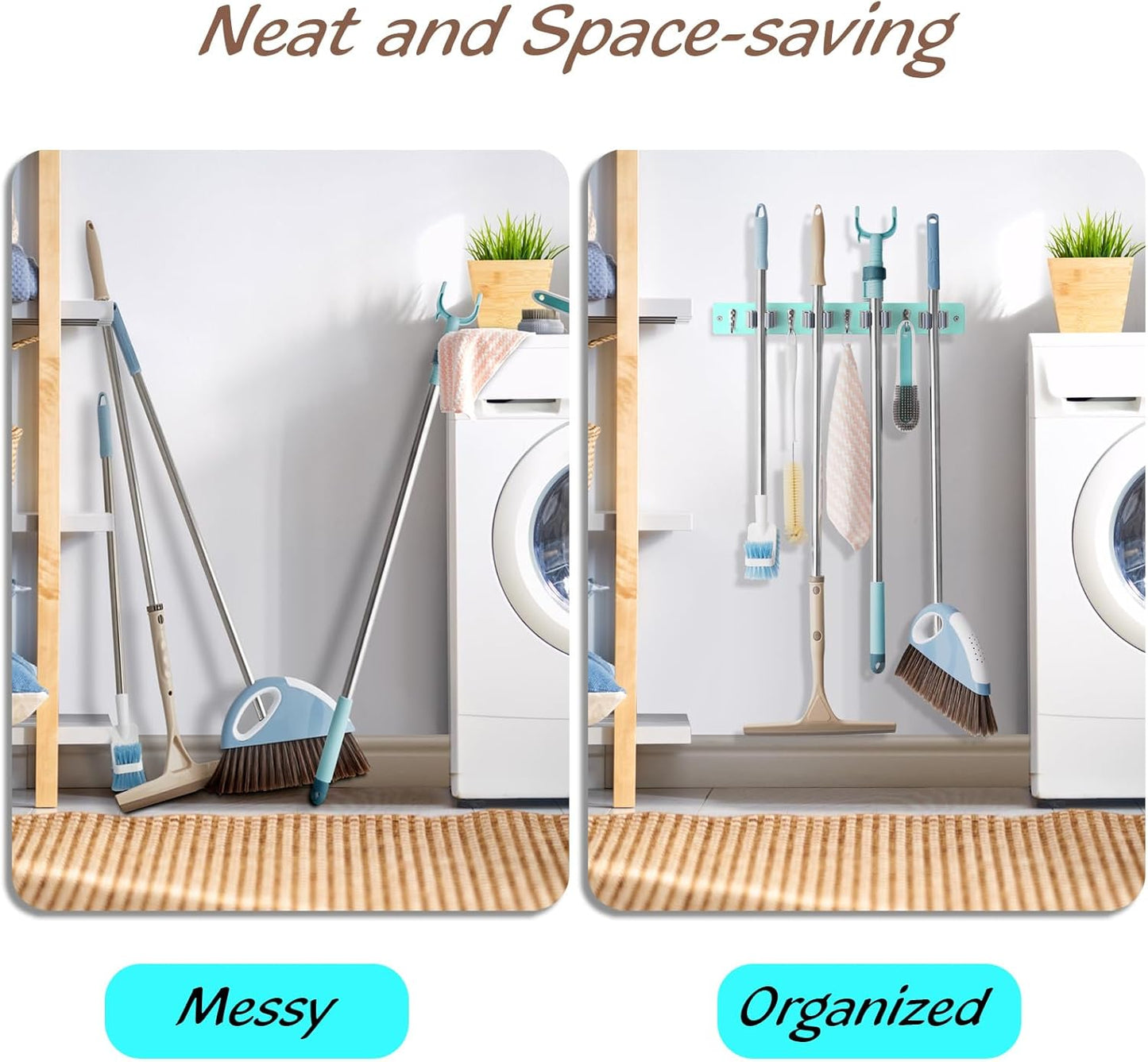 Turquoise Mop Broom Holder Wall Mount with 4 Slots & 4 Hooks - Wood Broom Mop Hanger for Pantry Closet Laundry Room Organization - for Teal Kitchen Decor and Accessories