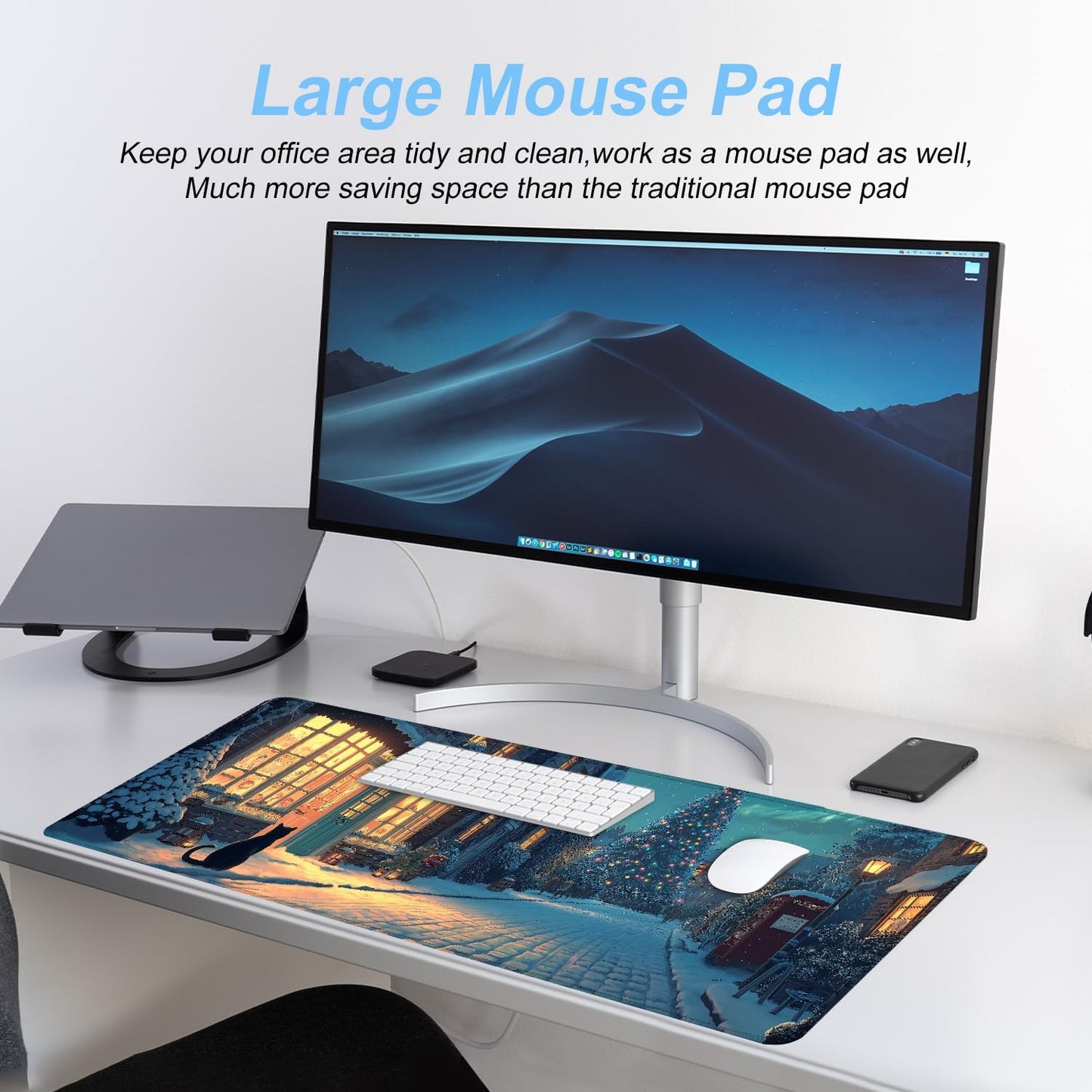 Christmas Winter Village Mouse Pad – 31.5" x 11.8" Large Extended Desk Mat with Black Cat and Christmas Tree Scene – Cozy Holiday Design, Non-Slip Base, Smooth Surface for Home & Office