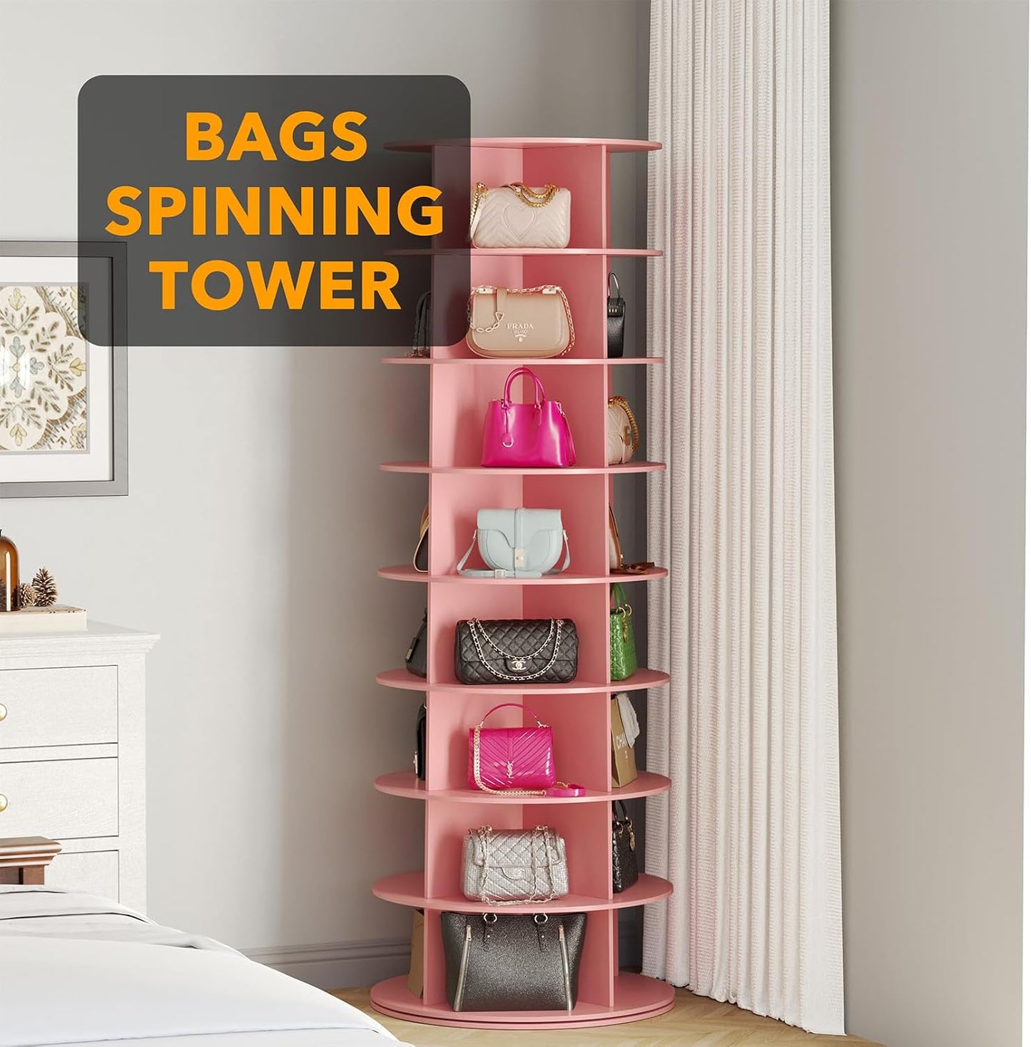 SpaceAid 8 Tier Rotating Shoe Rack Tower, Spinning Shoe Display Lazy Susan, Revolving 360 Shoe Rack Storage Round Carousel, Vertical Handbag Rotate Shoes Closet Organization (8-Tier Pink)